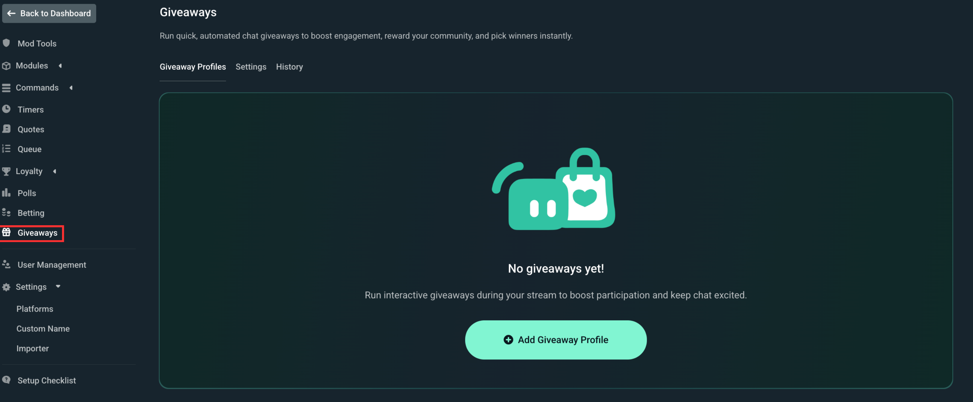 Giveaways tab of the Cloudbot settings menu